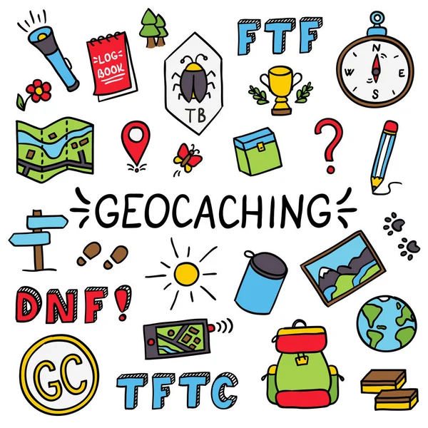 Geocaching renkli doodle çizim ekipmanları seti — Stok Vektör