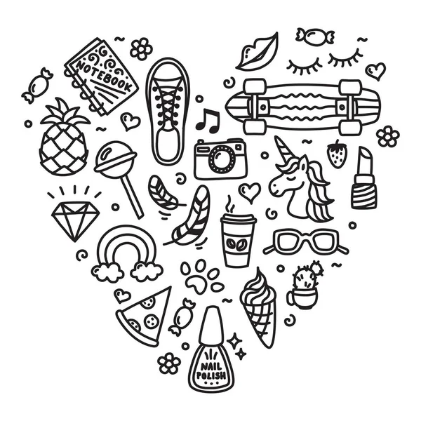Cool adolescente cosas cosas favoritas doodle corazón — Vector de stock