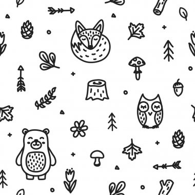 Orman doodle sevimli hayvanlar sorunsuz desen ayı tilki baykuş