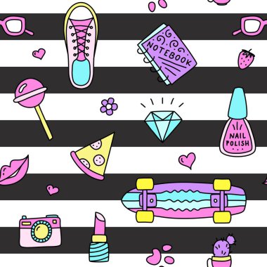 Havalı genç neon şeyler, kusursuz desenler, çizgili çizgiler el yapımı kamera, pizza, spor ayakkabıları ve pennyboard.