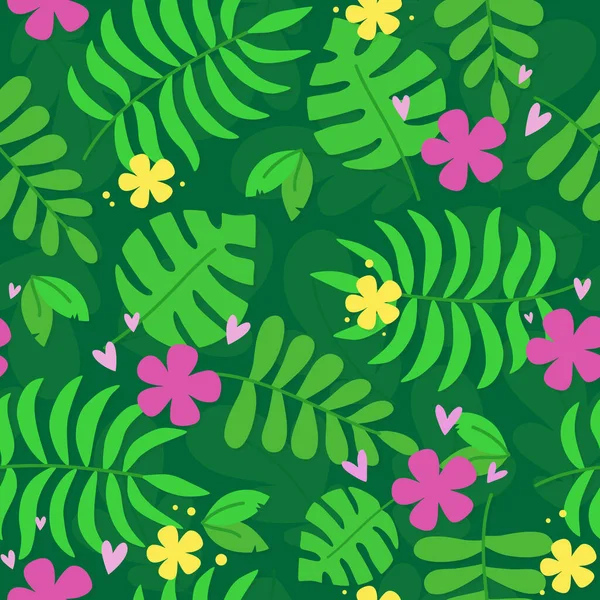 Jungle leaves rainforest cute seamless pattern — Stock Vector