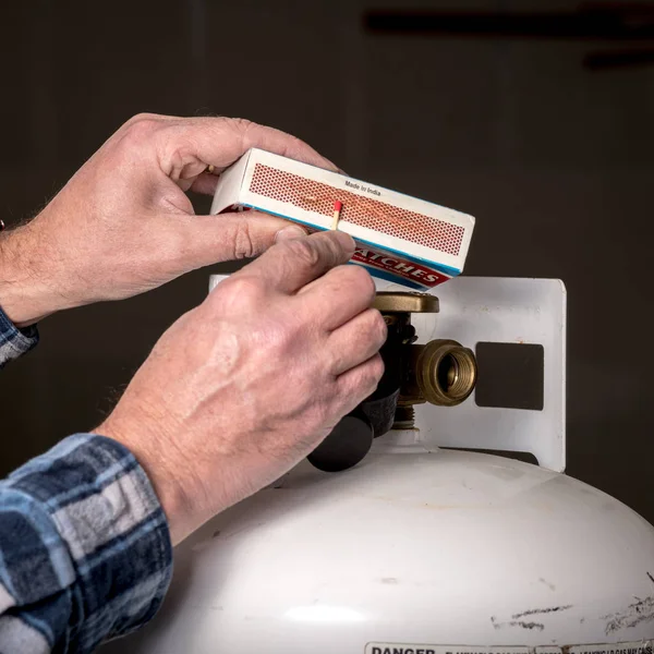 One Match Struck Next Propane Tanks See Leaks — Stock Photo, Image