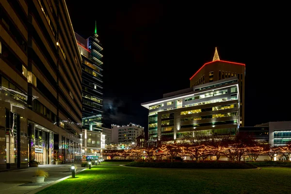 Praça pública no centro de Boise Idaho à noite com muitos Christm — Fotografia de Stock