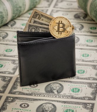 Altın bir simüle bitcoin ve dolar ile kişisel cüzdan