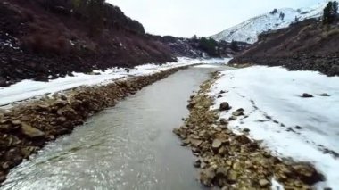 Doğa çiçek ile kar onun kıyısında kayalık bir kanyonda nehirde soğuk su