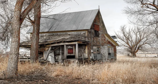 Abandon farmhouse with weeds and trees in rural Idaho Royalty Free Stock Photos