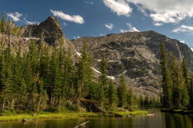 Orman ve doruklarına sahip yüksek dağ Gölü