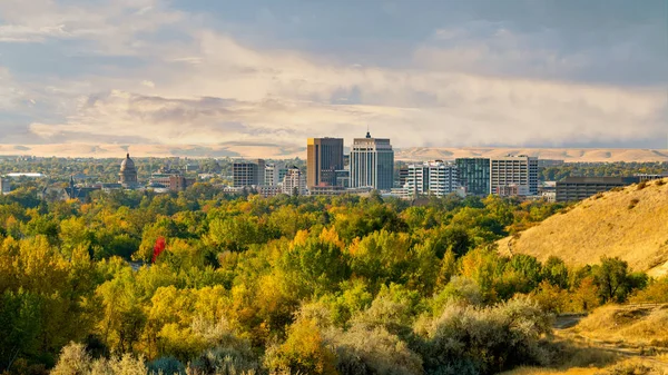 Los árboles de color otoñal conforman el primer plano del horizonte de Bois —  Fotos de Stock