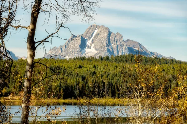 Monte Moran nel Tetons Range con alberi autunnali e foresta lacustre — Foto Stock