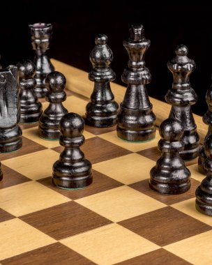 Bir oyun oynamaya hazır bir tahta üzerinde siyah satranç taşları