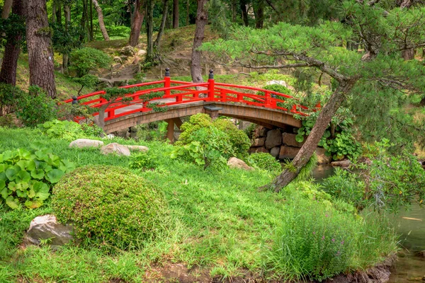 Beau jardin japonais avec un pont rouge — Photo