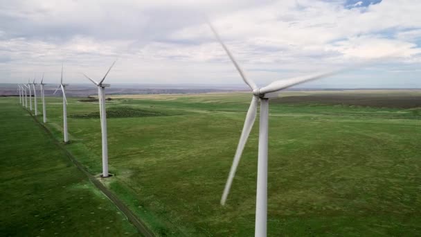 Turbinas Eólicas Altas Erigidas Medio Campo Agricultores — Vídeo de stock