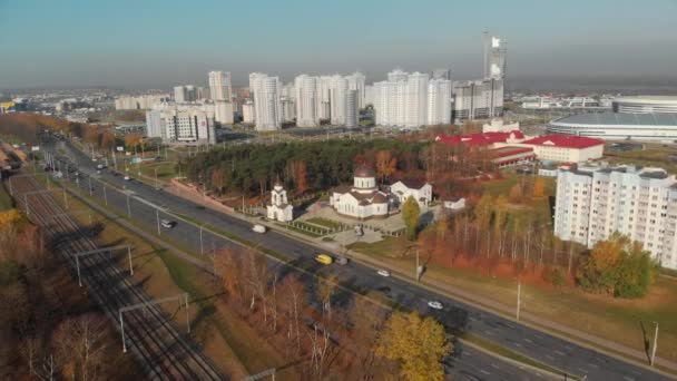 Repülés Kilátással Városra Szent Kereszt Felmagasztalásának Egyházi Komplexumára Minszk Város — Stock videók