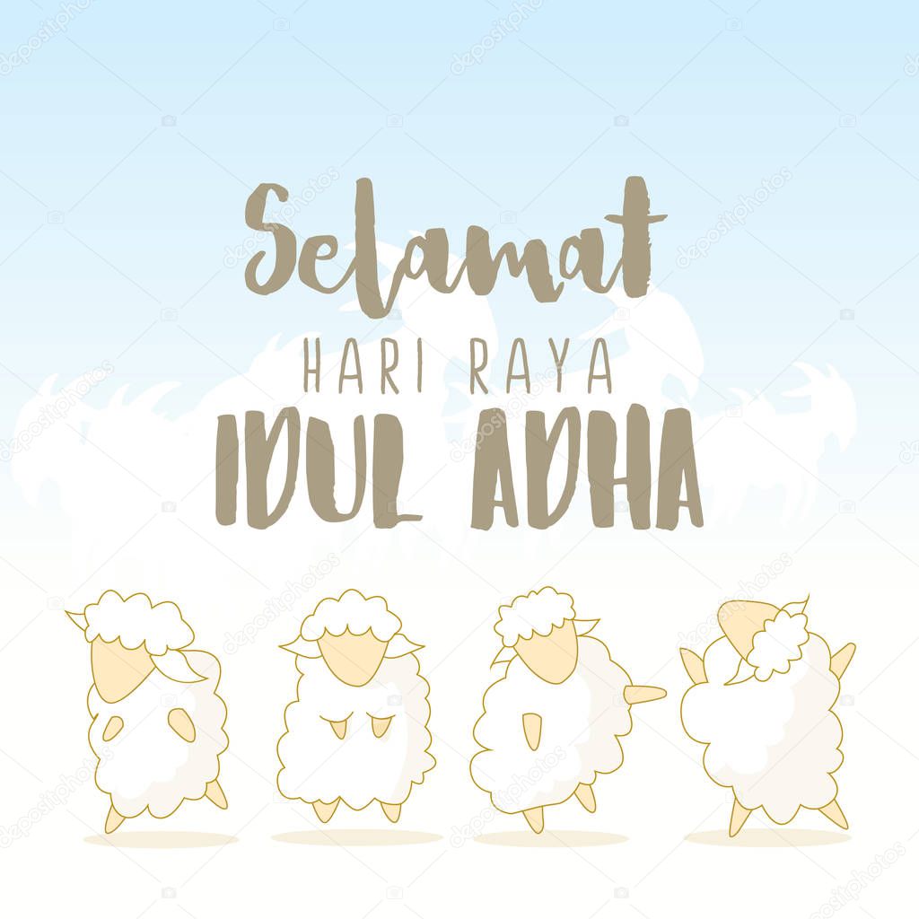 Cute sheep illustration of Eid Al Adha for greeting card and many more. Kartu ucapan selamat idul adha.Translation from Arabic : eid al-adha