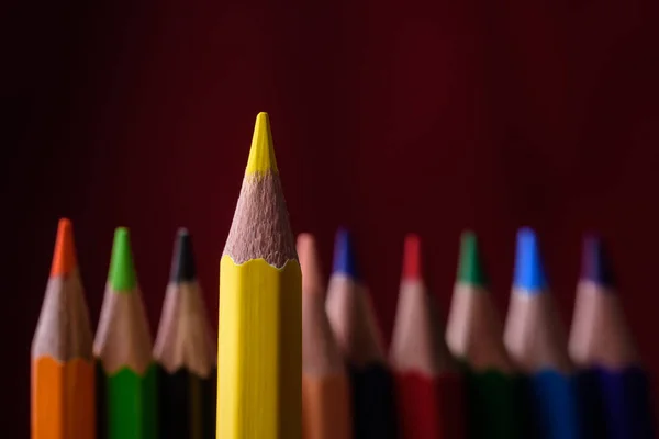 Yellow pencil is the leader among other pencils.  Red background.  Concept in business