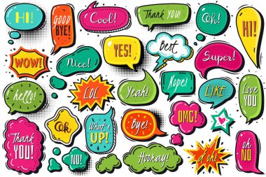 Çizgi roman konuşma baloncukları. Komik konuşma baloncukları ayarlandı. Vektör karalama çizimi. Doodle stili renkli kar fırtınası ve çatırdayan bulutlar.