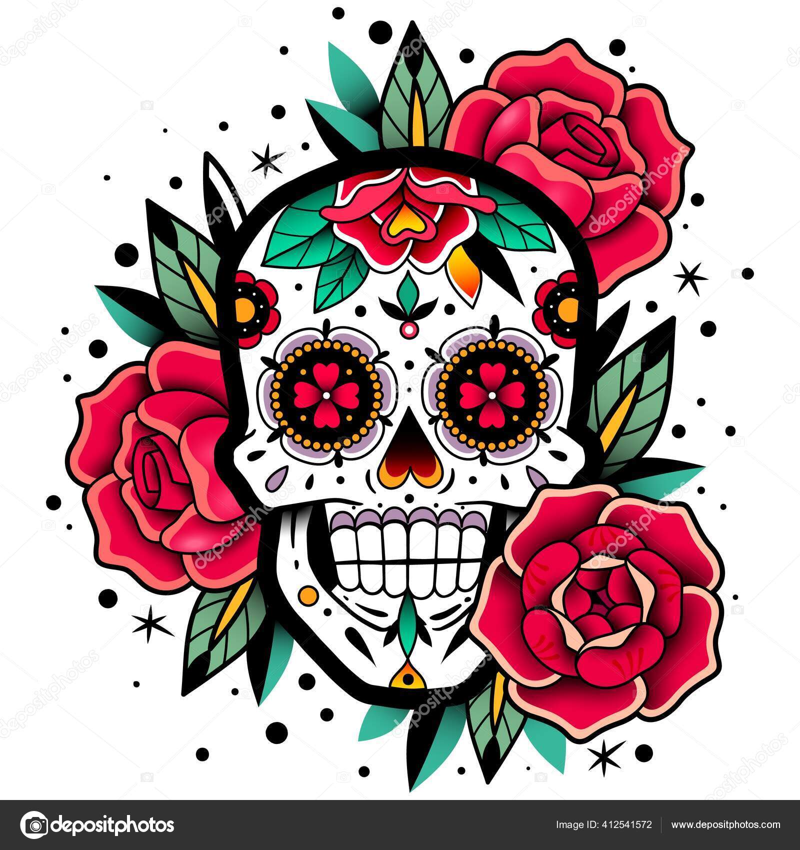 Caveira de rosas mexicanas Vetor de ©Vectorscreator 412541572, image size:1600x1700
