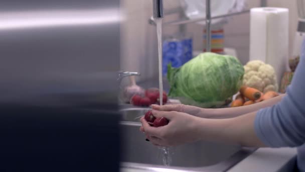 A jovem mulher lava um rabanete para fazer a salada sã. Câmera no controle deslizante — Vídeo de Stock