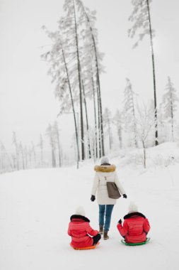 Anne onu iki kızı Sledge-kış gününde çeker.