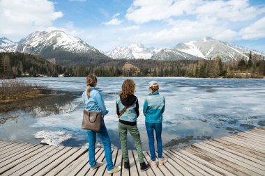 Dondurulmuş dağ la tarafından kalan üç kadın turist geri görünümü