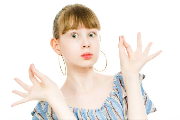 Молодые девушки в комбинезоне с текстурой пробелов - идеальный жест . — стоковое фото