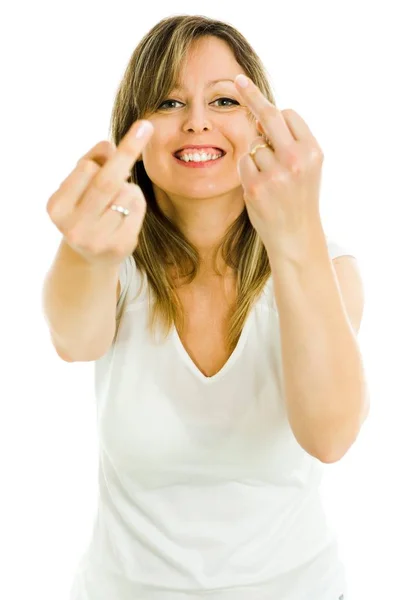 Open minded blond woman shows rude gesture - middle finders, focused on face - white background — Stock Photo, Image