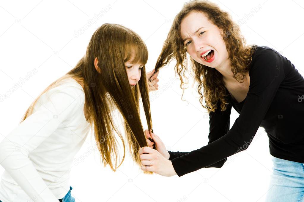One girl abusing other by pulling her hairs - sister's love.