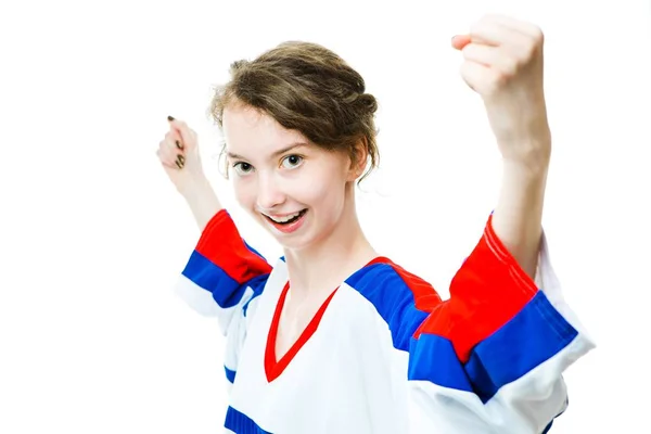 Tifoso di hockey in maglia nel colore nazionale della Slovacchia tifo, celebrando obiettivo . — Foto Stock