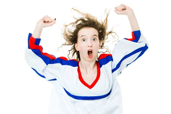 Tifoso di hockey in maglia nel colore nazionale della Francia tifo, celebrando gol . — Foto Stock