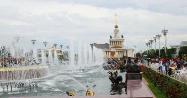 Moskova, Rusya - 11 Temmuz 2019: Vdnkh Endüstriyel Meydanı 'ndaki Taş Çiçek Çeşmesi - Ulusal Ekonominin Başarı Sergisi