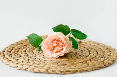 Şeftali beyaz arka planda bir hasır peçete gül