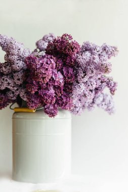 Beyaz bir arka plan üzerinde şık bir vazo lila çiçek mükemmel menekşe buketi
