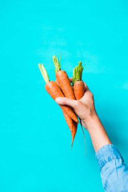 birkaç taze havuç mavi bir arka plan üzerinde üst üste yalan.