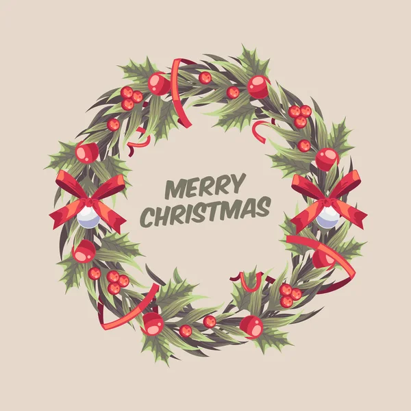 Vintage Merry Christmas Flowers and Wreath  stock illustration Collection - happy Merry Christmas wreath with red ribbon and bow - Merry Christmas holly berry wreath