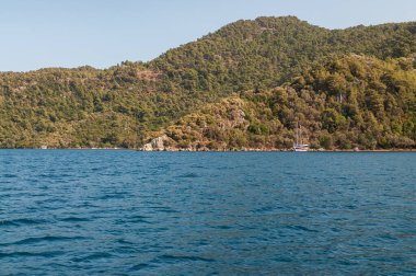 Türkiye 'nin Ege sahili manzarası. Dağları, yemyeşil bitkileri, kayalık kıyıları ve turkuaz suyu olan resimli bir kıyı manzarası..