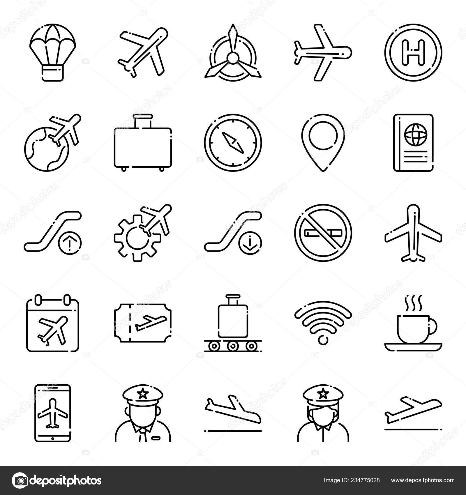 Paquete Iconos Aviación Colección Símbolos Aislados Vector de stock por