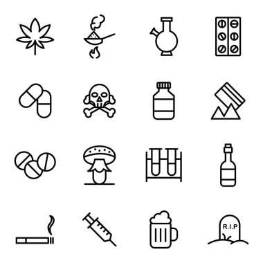 Narkotik ve uyuşturucu ikonları. Ayrı semboller koleksiyonu 