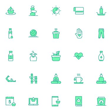 Yoga ve meditasyon ikonları. Ayrı semboller koleksiyonu 