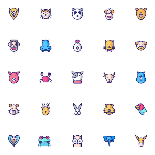 Animal Cabeza Iconos Pack Colección Símbolos Aislados — Vector de stock