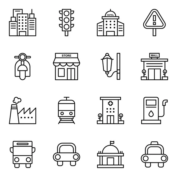 City Pictogrammen Inpakken Verzameling Geïsoleerde Symbolen — Stockvector