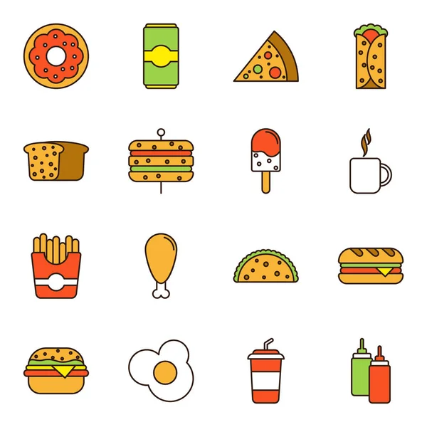 Pacchetto Icone Fast Food Raccolta Simboli Isolati — Vettoriale Stock