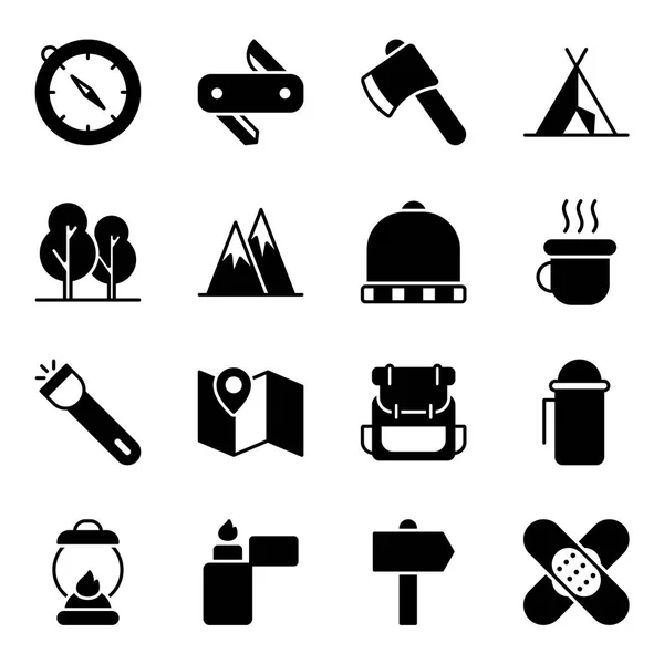 Hiking Icons Pack Isolated Symbols Collection — Stock Vector