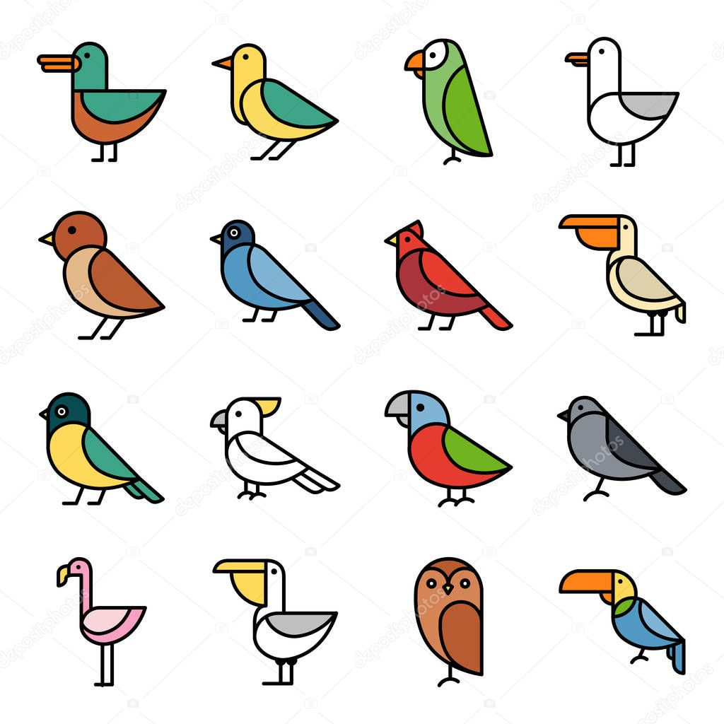 Birds icons pack. Isolated symbols collection. 