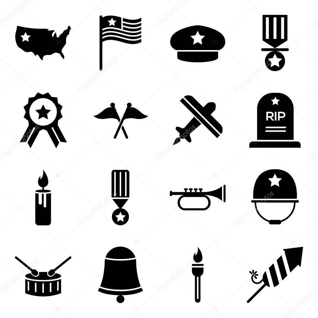 Memorial day icons pack. Isolated symbols collection 