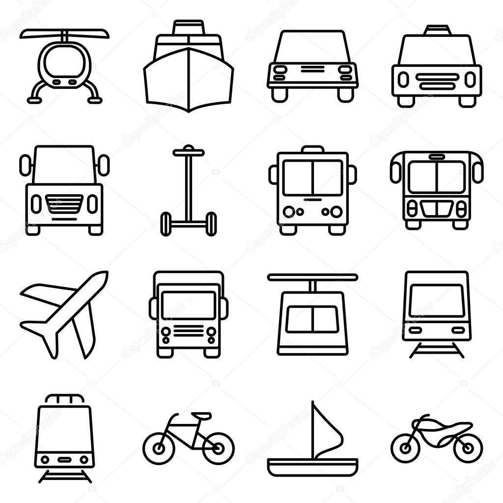 Transportation and vehicle icons pack. Isolated symbols collection 