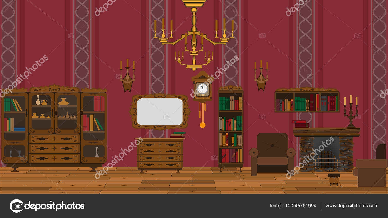 Background Form Interior Old Living Room Red Wallpaper Fireplace Antique  Stock Photo by ©vivasis 245761994