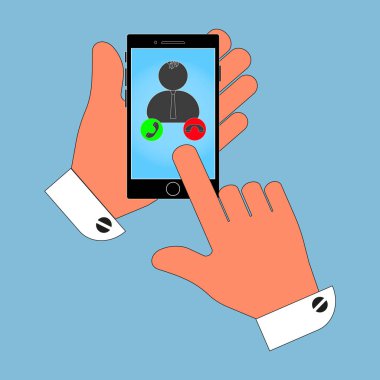 Simge telefon operatörü ekran, kaynak, mavi bir arka plan üzerinde yalıtım elinde. Web tasarımı için şık vektör çizim.