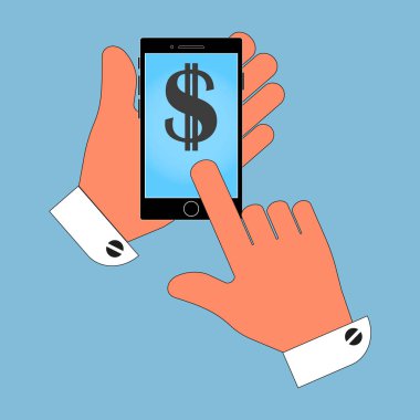telefon simgesi ile mavi bir arka plan üzerinde yalıtım, bize dolar simgesi ekranda elinde. Web tasarımı için şık vektör çizim.