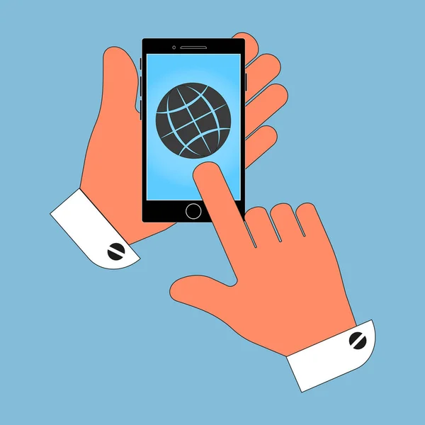 Ikona telefonu v ruce na obrazovce globe izolovat na modrém pozadí. Stylový vektorové ilustrace pro web design. — Stockový vektor