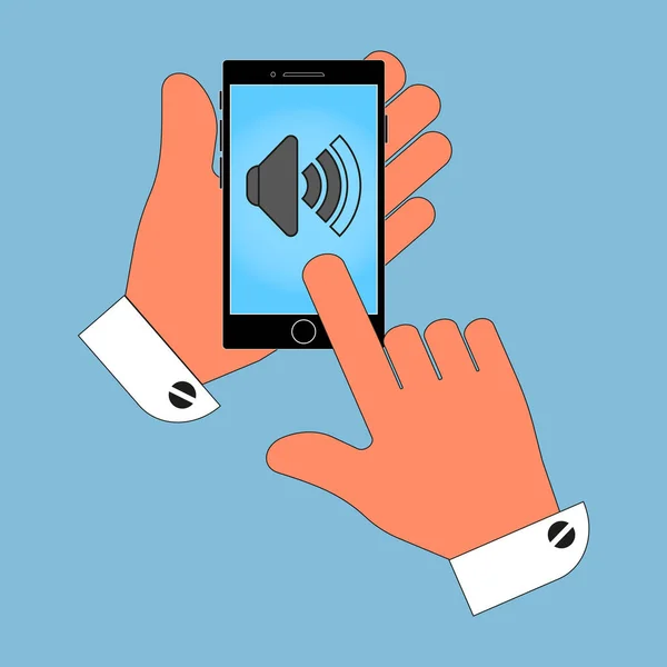 Ikonen telefon i handen, på skärmen volym tecken, isolera på blå bakgrund. Eleganta vektorillustration för webbdesign. — Stock vektor